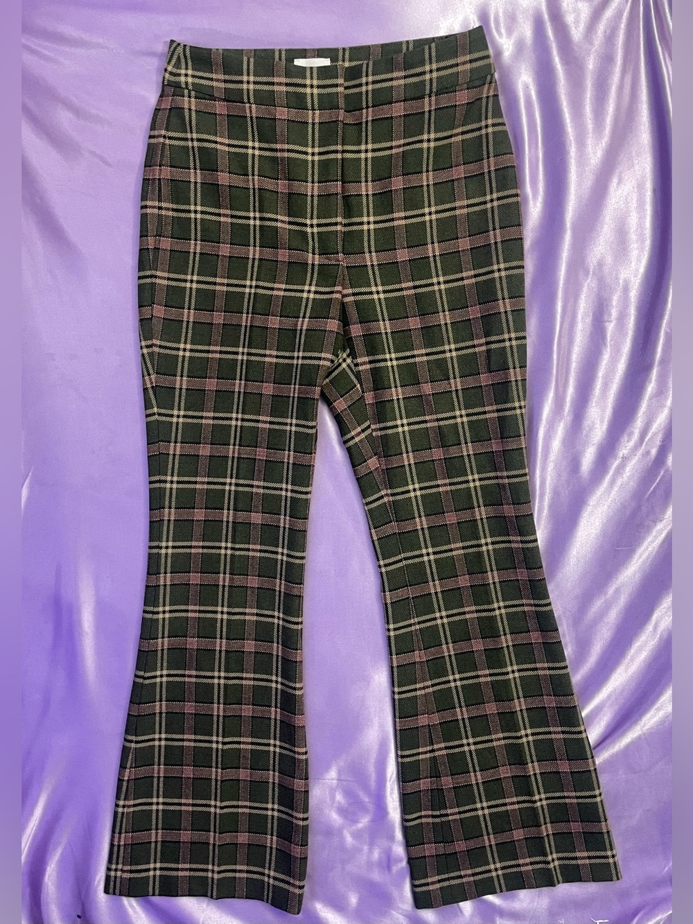 Wilfred Free Aritzia Tailored Green Plaid Flared Trousers dark academia